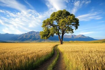 Fototapeta premium Majestic Tree in Golden Wheat Field Under Bright Blue Sky with Mountains in Background