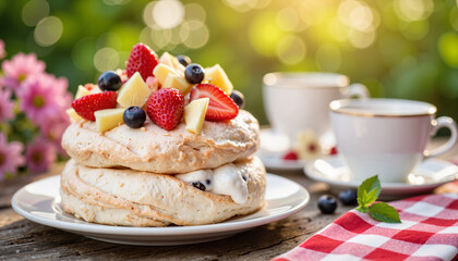 Delicious meringue dessert with fresh fruits on wooden table