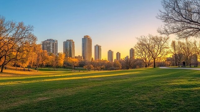 A tranquil park in a city, with the sunset creating a picturesque backdrop of the skyline