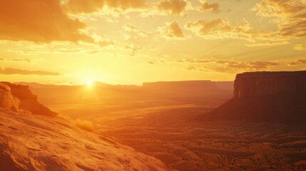 Naklejka premium A tranquil scene of Monument Valley bathed in the radiant light of a breathtaking sunset