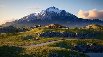 Fototapeta premium Tranquil Mountain Landscape with Green Rolling Hills and Rustic Houses Under Scenic Sky