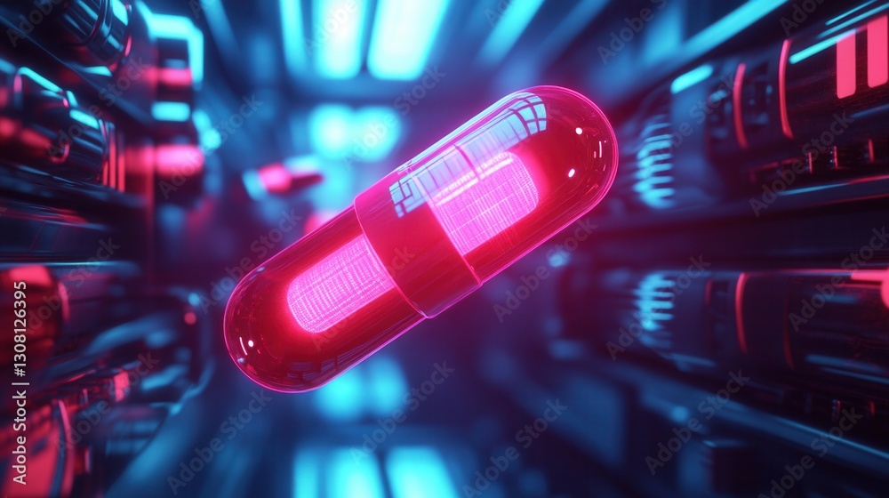 Poster Floating neon cyberpunk pill in a dark void showcasing advanced futuristic aesthetics and sci fi medical themes Generative AI