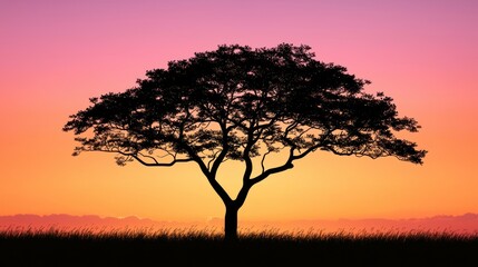 A tree silhouette with spreading branches, set against a gradient twilight sky.