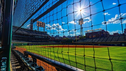 Sunny Baseball Stadium View Through Net