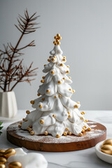A unique Christmas tree-shaped cake covered in white icing with golden decorations. A perfect festive dessert for winter celebrations and holiday gatherings.
