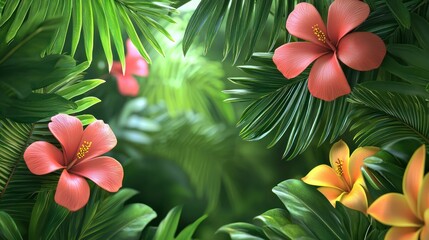 Fototapeta premium A tropical tree background with vibrant green leaves and exotic flowers.