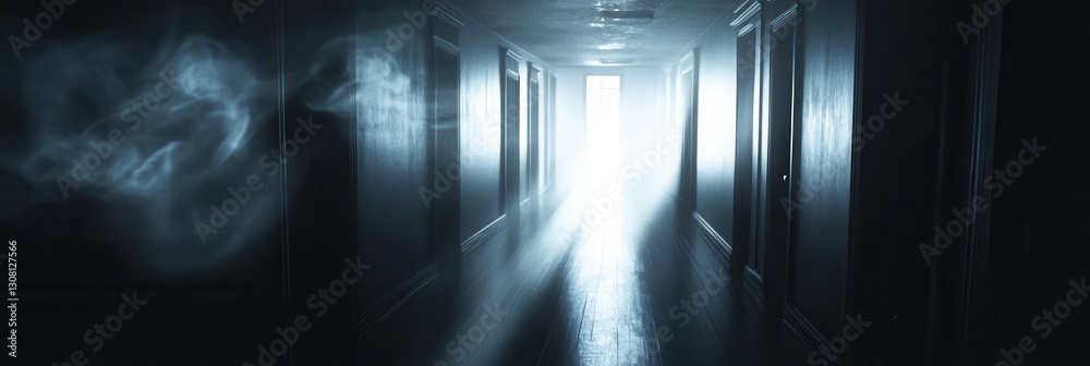 Poster dark corridor filled with shadowy ghostly figures and flickering light creates a chilling atmosphere