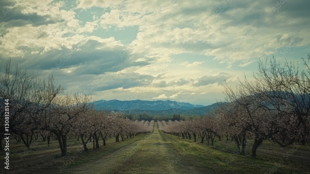Poster a vast orchard of cherry trees in the distance, framed by a cloudy sky.