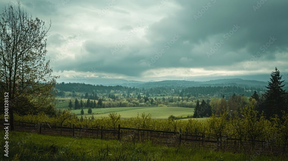 Poster a vast orchard of cherry trees in the distance, framed by a cloudy sky.