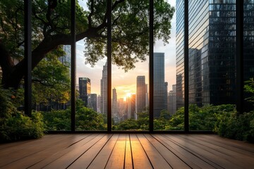 Obraz premium Serene urban view through glass window showcasing sunset over city skyline and greenery