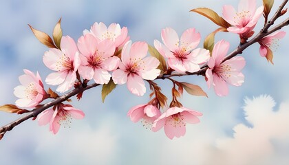 Obraz premium A vibrant watercolor painting of a blooming cherry blossom branch against a soft pastel sky, capturing the essence of spring's renewal