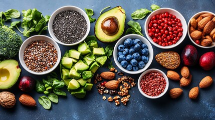 Colorful Superfoods Arranged on Dark Background