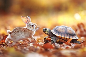 Rabbit and turtle encounter in autumn forest; fall foliage background. Ideal for children's book illustration
