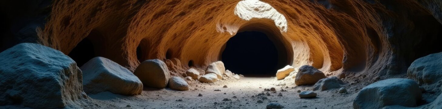 Darkened cave entrance with ancient fossils exposed, shadows, prehistoric