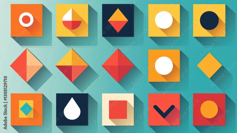 Poster a vibrant flat-design icon set, featuring bold colors and simple shapes for easy recognition.