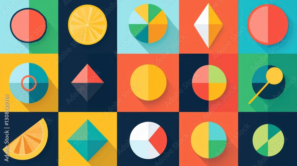 Poster a vibrant flat-design icon set, featuring bold colors and simple shapes for easy recognition.