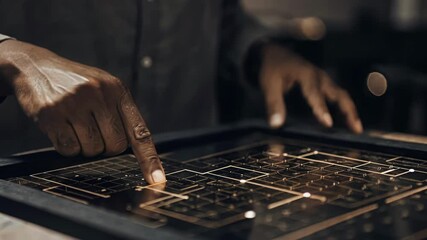 A closeup of a hand manipulating a holographic interface with a focused expression illustrating the ease of navigating business communications.