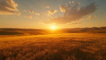 Golden wheat field at sunset over rolling hills.