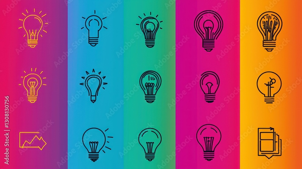 Poster a vibrant set of business icons in a bright color palette, emphasizing creativity and innovation.