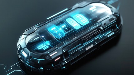 Futuristic high tech pill organizer with holographic indicators and cybernetic design for modern health management Generative AI