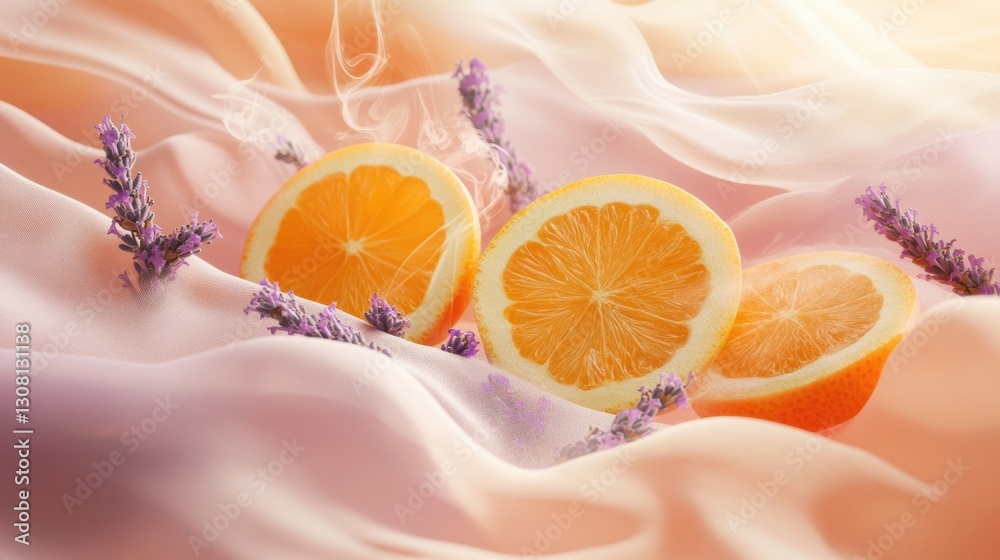 Poster Vibrant sensory experience with coffee steam, lavender fields, and citrus slices in soft silk layers for a calming effect Generative AI