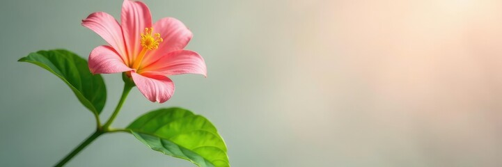 Fototapeta premium Flower stem with bright green leaves and a single bloom, flowers, leaf, stem