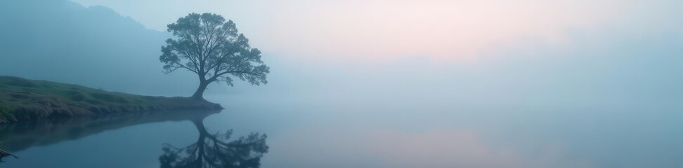 Obraz premium Foggy lake with a solitary tree partially submerged in water, mist, foggy, landscape