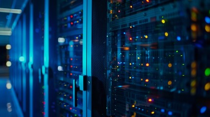 Naklejka premium Close-up of a secure telecom server room with glowing blue lights, showcasing advanced cybersecurity technology and data protection infrastructure.