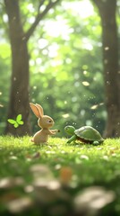 Obraz premium Rabbit and turtle sharing a moment in a sun-dappled forest; whimsical illustration