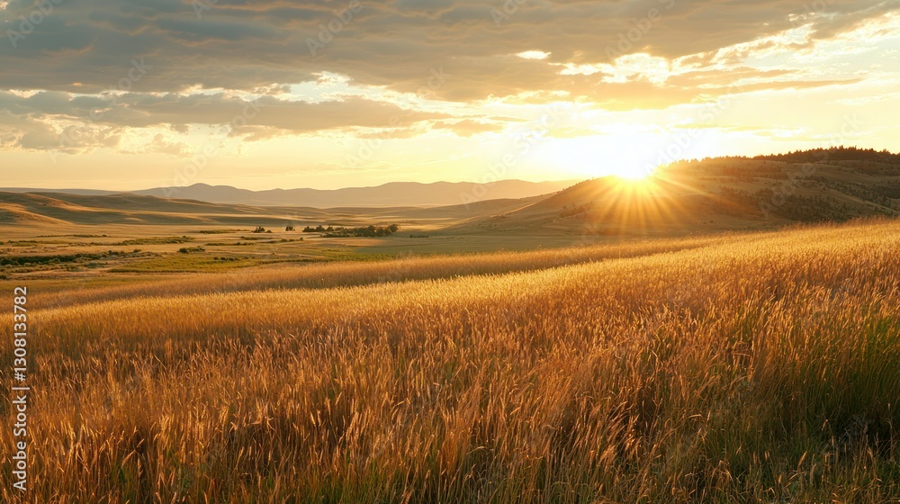 Aufkleber a wide-open field of wheat glowing under the soft golden hues of a setting sun.