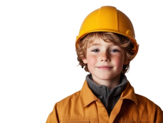 A young boy proudly wearing an engineer's outfit and hard hat, ready to take on the world of construction and creativity.