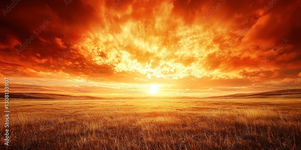 Poster a wide-open field with the sky awash in intense shades of orange and red during sunset
