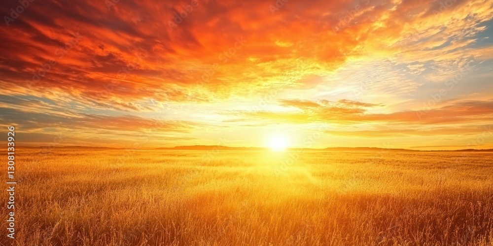 Poster a wide-open field with the sky awash in intense shades of orange and red during sunset