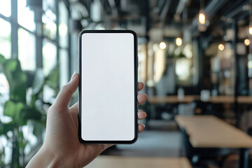 A person holding smartphone with blank screen in modern office, natural lighting creates professional atmosphere