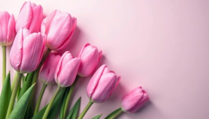Obraz premium Pastel pink tulips scattered on a monochrome round background, tulip, purple