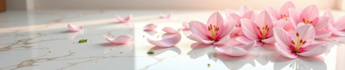 Naklejka premium Petals of a lily scattered on a white marble floor, floor, flower drop, petals
