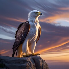 Fototapeta premium A white-headed eagle stands proudly on a cliff with the sunset in the background.