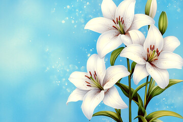 Naklejka premium Close up of three white flowers with green stems. The flowers are in a vase and the background is blue
