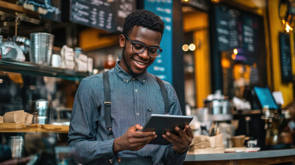 Fototapeta premium A young entrepreneur using tablet in vibrant cafe, engaged in financial services