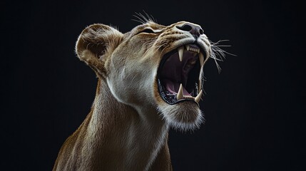 Fototapeta premium Roaring lioness, dark background, wildlife portrait, powerful nature image