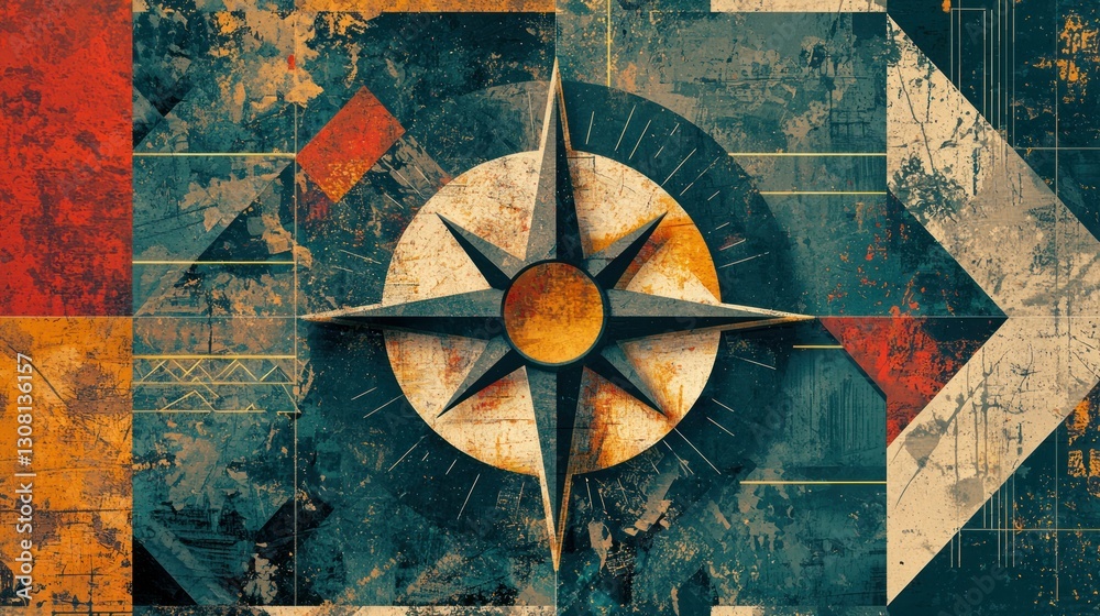 Poster an artistic compass arrow graphic surrounded by geometric patterns.