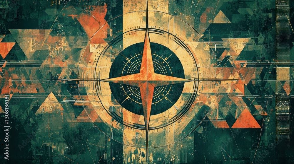 Poster an artistic compass arrow graphic surrounded by geometric patterns.