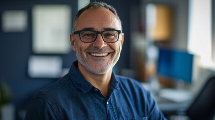 Obraz premium A smiling man with glasses, wearing casual in an office, generative AI