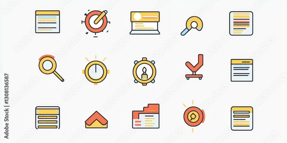Poster an editable thin-line icon set showcasing teamwork, data analysis, and digital tools