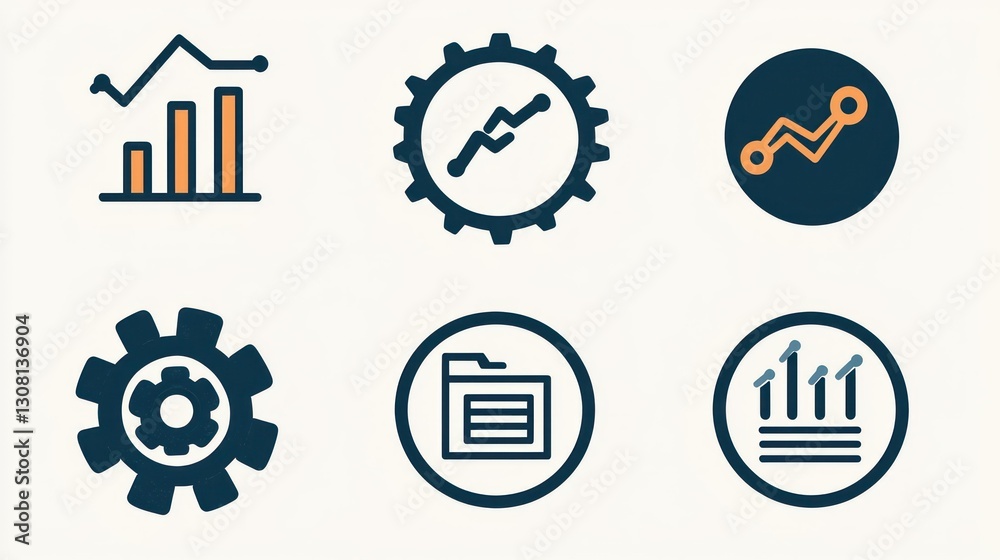 Poster an icon set with bold lines and high contrast, showcasing symbols like gears, charts, and a handshak