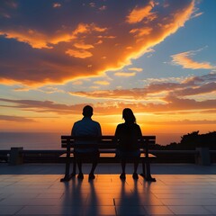 Obraz premium A couple is sitting on a wooden chair while enjoying the sunset.