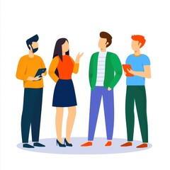 Obraz premium A group of four diverse individuals engaged in conversation, showcasing camaraderie and collaboration in a vibrant, modern setting.