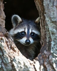 Curious Raccoon Peering from Tree Hollow with Expressive Eyes