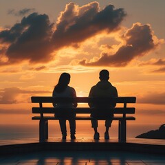 Obraz premium A couple is sitting on a wooden chair while enjoying the sunset.