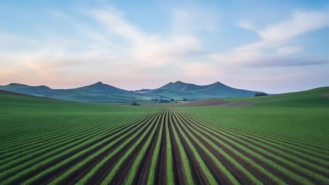 Lush green field with rows of crops under clear blue sky near rolling hills during twilight hours